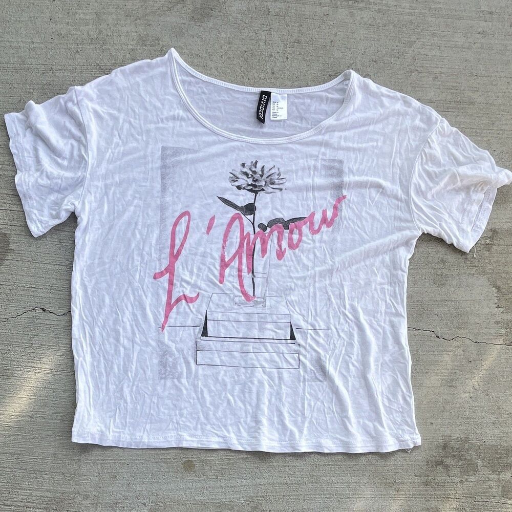 H&M Divided T-shirt Womens Medium White Pink Romantic Parisian French Girl Y2K